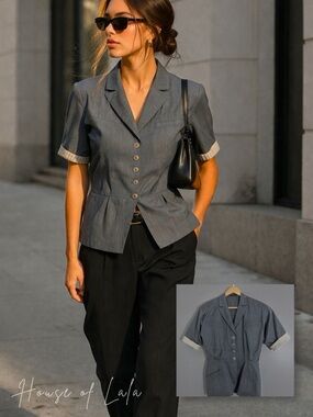 Louis Feraud Grey 90s Button Down Top | Tailored Vintage Short Sleeve Blouse